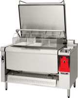 A commercial stainless steel tilting braising pan with a large open lid, three wire baskets inside, a red control panel on the right, and the Vulcan brand name on the front. This multifunction cooking unit is clean, modern, and ideal for industrial kitchens.