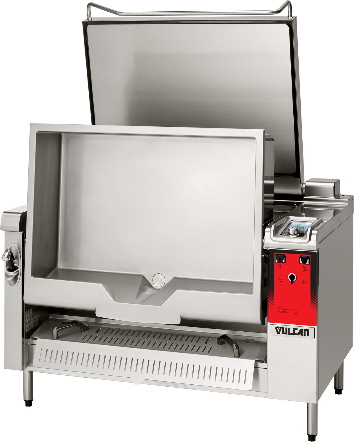 A large stainless steel tilting braising pan with a 40 gallon capacity, featuring a partially open lid, deep rectangular basin, red control panel on the right, and “Vulcan” branding on the lower front, standing firmly on metal legs.