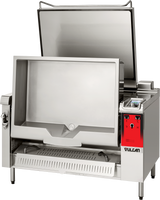 A large stainless steel tilting braising pan with a 40 gallon capacity, featuring a partially open lid, deep rectangular basin, red control panel on the right, and “Vulcan” branding on the lower front, standing firmly on metal legs.
