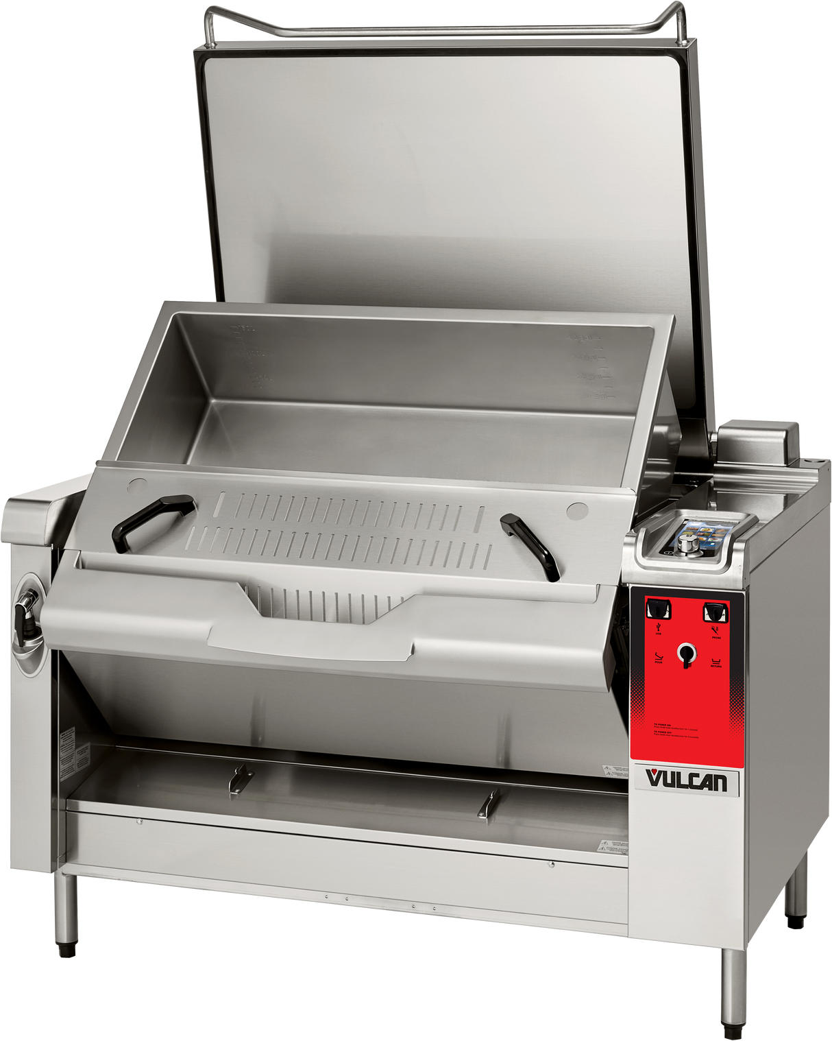 A large commercial stainless steel tilting braising pan with a deep rectangular, 40 gallon capacity, two black handles, a red control panel on the right side, and the lid partially open. Vulcan is printed on the bottom right of the machine.