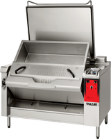 A large commercial stainless steel tilting braising pan with a deep rectangular, 40 gallon capacity, two black handles, a red control panel on the right side, and the lid partially open. Vulcan is printed on the bottom right of the machine.
