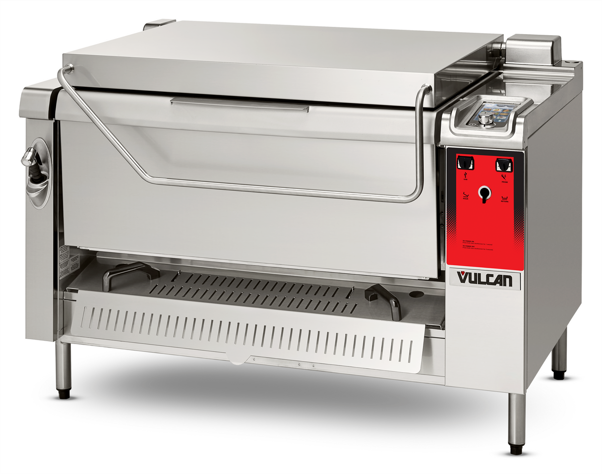 A large stainless steel tilting braising pan with a 40 gallon capacity, this Vulcan unit features a red control panel, a spacious lid with handle, pouring spout on the left, sturdy support legs, and front-right digital controls for multifunction cooking.
