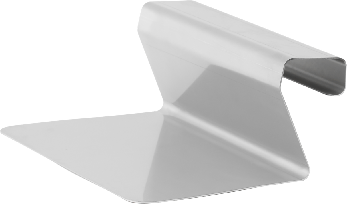 A flat, rectangular piece of silver metal is bent at a right angle with a wide base and a narrower top lip that curves over, forming a sturdy stand—ideal for displaying your PRECIPAN scraper or spatula tool. The surface is smooth and reflective.