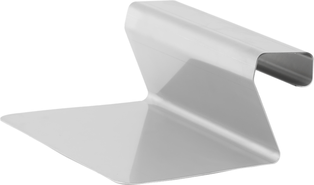 A flat, rectangular piece of silver metal is bent at a right angle with a wide base and a narrower top lip that curves over, forming a sturdy stand—ideal for displaying your PRECIPAN scraper or spatula tool. The surface is smooth and reflective.