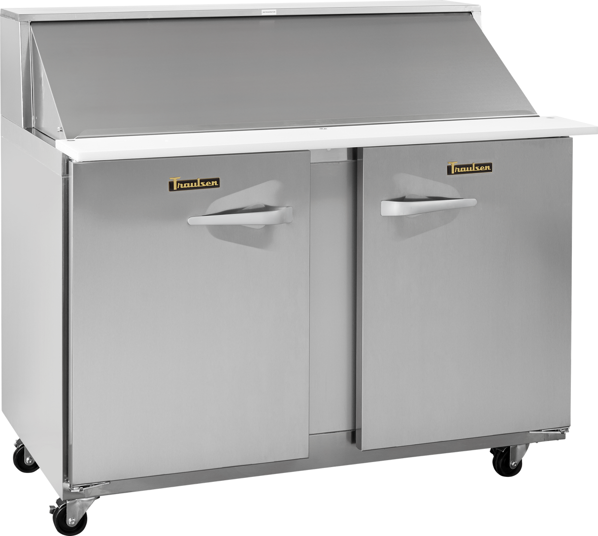 A large stainless steel refrigerator on wheels.