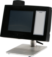 A black color LCD touch-screen display with a blank screen is mounted on a silver metal stand. A slot device sits on top, likely for cards. To the right is a white “NOTES” label, with a cable extending from the Access Prepack Control Panel’s back.
