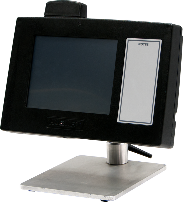 A black color LCD touch-screen display with a blank screen is mounted on a silver metal stand. A slot device sits on top, likely for cards. To the right is a white “NOTES” label, with a cable extending from the Access Prepack Control Panel’s back.