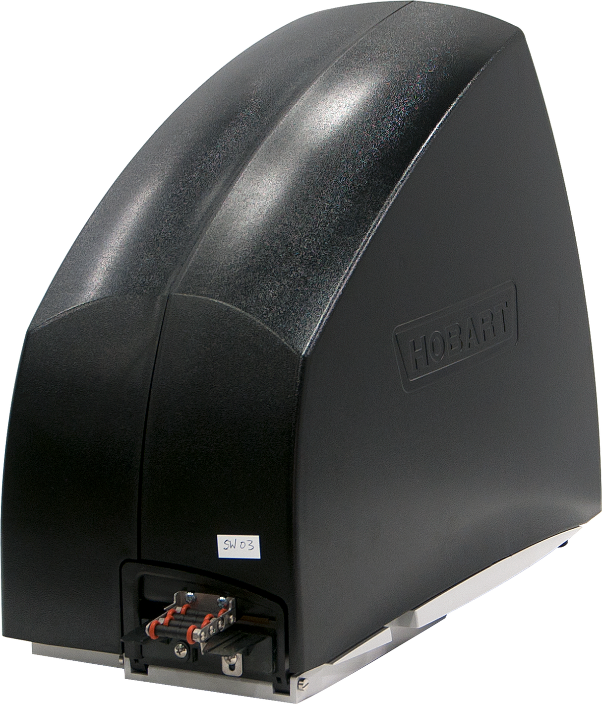 A black, dome-shaped Hobart EPP-3 device with a smooth surface, featuring a label marked SN03 near its base. Electrical connections and terminals are visible at the bottom front, with the Hobart logo embossed on the right side of this label printer.
