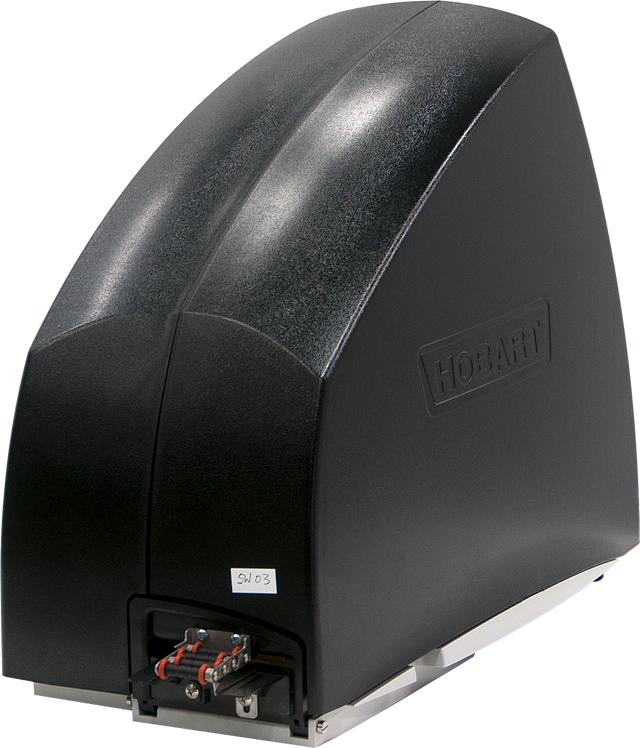 A black, dome-shaped Hobart EPP-3 device with a smooth surface, featuring a label marked SN03 near its base. Electrical connections and terminals are visible at the bottom front, with the Hobart logo embossed on the right side of this label printer.