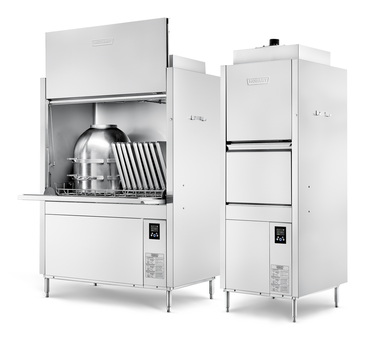 Two industrial commercial pan washers stand side by side on metal legs. The left machine’s door is open, revealing racks with trays and a large metal container. Both machines have digital control panels on their lower right fronts.