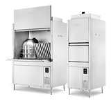 Two industrial commercial pan washers stand side by side on metal legs. The left machine’s door is open, revealing racks with trays and a large metal container. Both machines have digital control panels on their lower right fronts.