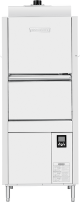 A commercial Hobart Advansys dishwasher with a stainless steel exterior, rectangular front, control panel with buttons and display on the lower right, and a central handle for opening the washing compartment. The Hobart logo is visible at the top center.