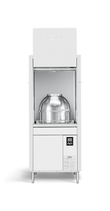 A commercial Advansys dishwasher with an open front door reveals a large, round pot inside. The control panel is on the bottom right, featuring a digital display and buttons. This ventless pot washer stands on four legs against a plain white background.