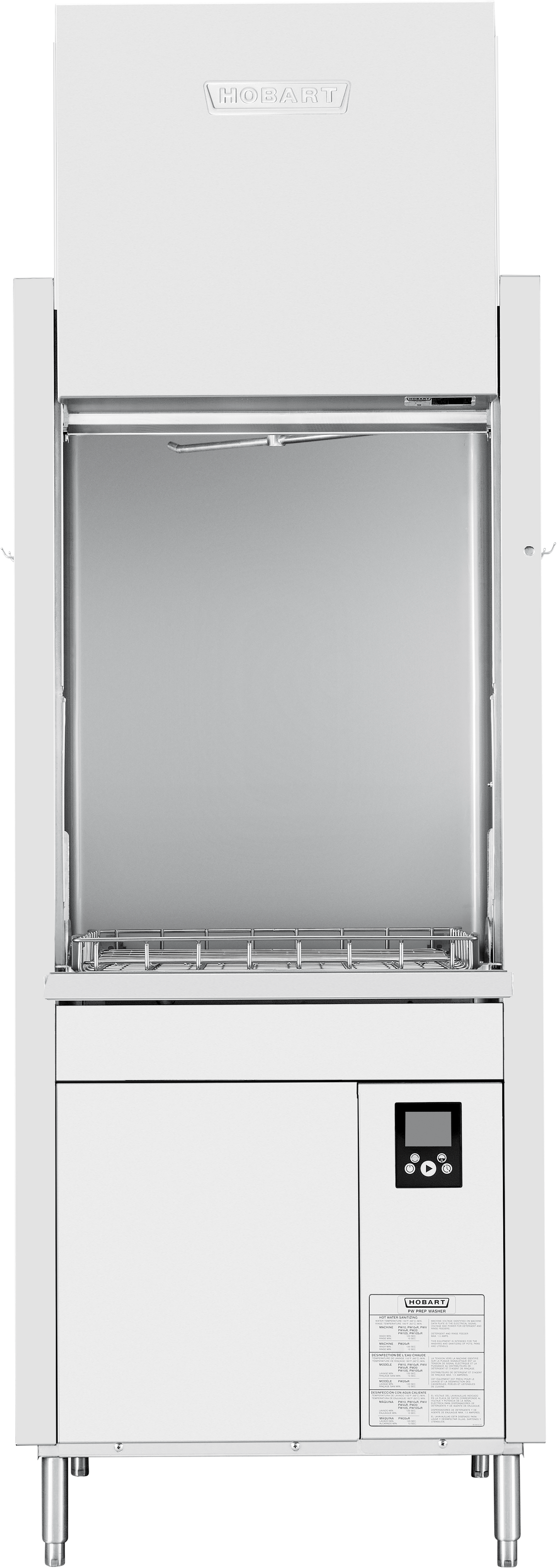 A front-facing industrial dishwasher with a white exterior, labeled Hobart. The door is open, revealing an empty metal rack inside. Smart touchscreen controls and a digital panel are visible on the lower right front of this high temperature sanitizing machine.