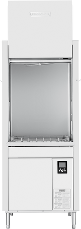 A front-facing industrial dishwasher with a white exterior, labeled Hobart. The door is open, revealing an empty metal rack inside. Smart touchscreen controls and a digital panel are visible on the lower right front of this high temperature sanitizing machine.