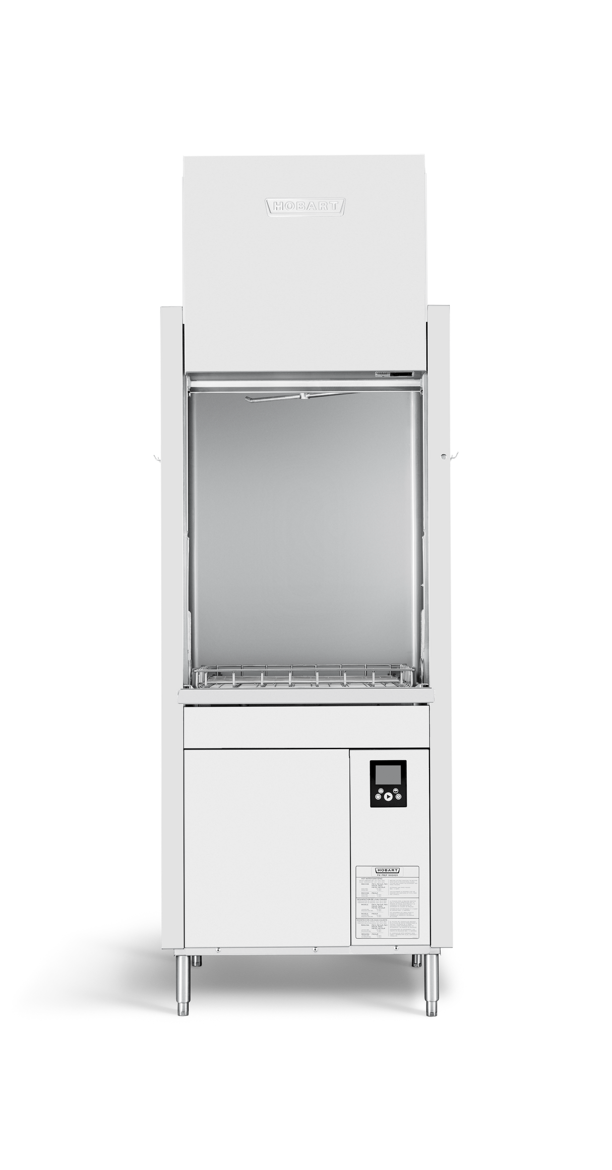A commercial stainless-steel Advansys dishwasher with a tall, boxy shape, a large front-opening door partially raised, a digital control panel at the bottom right, and four metal legs, photographed against a plain white background.