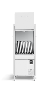 A commercial pan washer with a front-loading door is open, revealing a rack holding multiple metal trays vertically. The silver and white machine stands on four legs, featuring a digital control panel and labels on the lower front section.