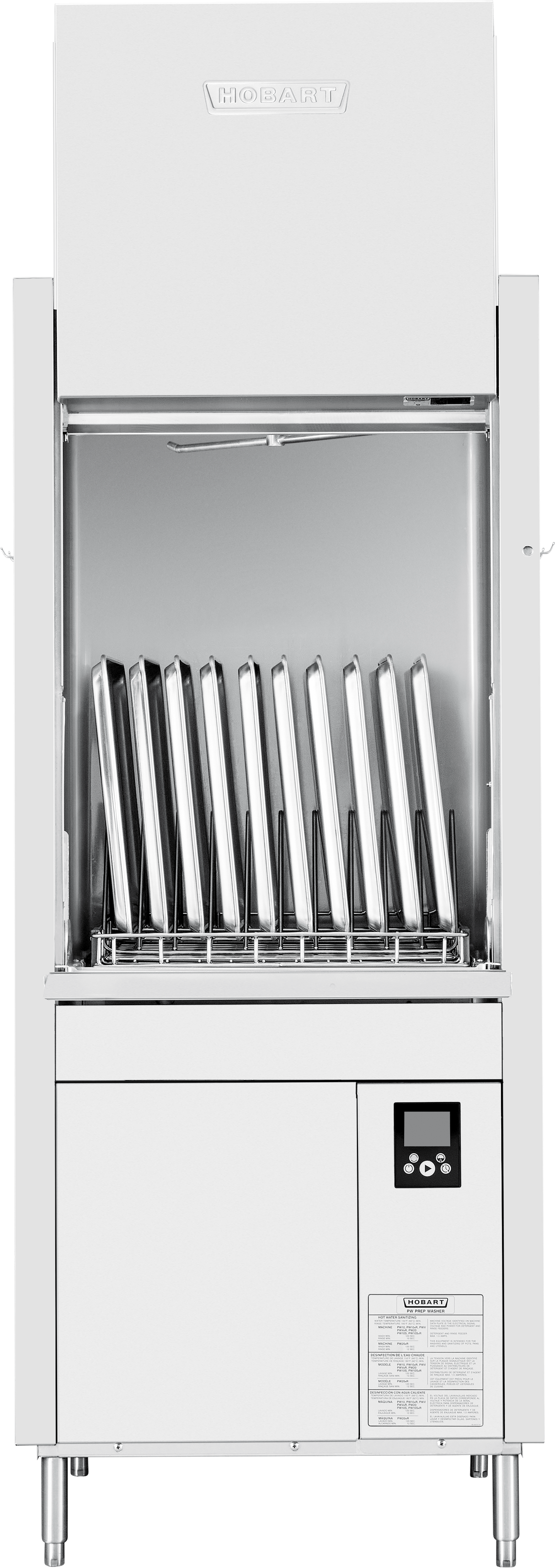 A commercial dishwashing machine with a stainless steel exterior holds trays vertically inside. The front panel features smart touchscreen controls and a small digital display. The brand name “Hobart” is embossed at the top of the high temperature sanitizing unit.