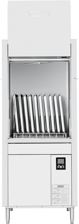 A commercial dishwashing machine with a stainless steel exterior holds trays vertically inside. The front panel features smart touchscreen controls and a small digital display. The brand name “Hobart” is embossed at the top of the high temperature sanitizing unit.