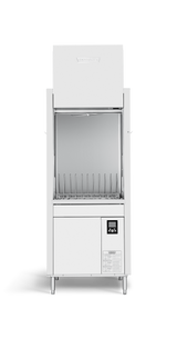 A commercial Advansys dishwasher with an open front, vertical wire rack, digital control panel at the bottom right, and four metal legs, set against a plain white background.