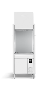 Front view of a Hobart Advansys dishwasher with an open, upward sliding door, digital control panel on the lower right, and four sturdy legs, set against a white background—ideal as a commercial pan washer in busy kitchens.
