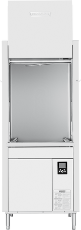 Front view of a Hobart commercial dishwasher featuring a large upward-opening door. This ventless pot/pan/utensil washer offers high temperature sanitizing, with a clear control panel, display, and an information label on the lower right.