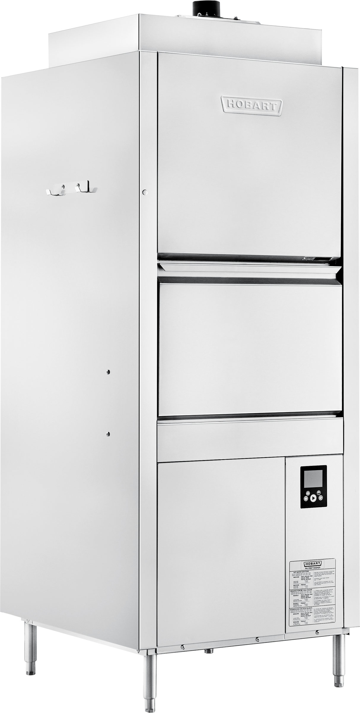 A large, industrial stainless steel Hobart dishwasher features two front-loading doors, smart touchscreen controls with digital display at the bottom right, and a label with instructions. The ventless pot/pan washer stands on four legs with a modern, sleek design.