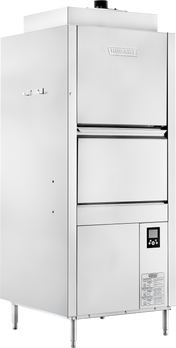 A large, industrial stainless steel Hobart dishwasher features two front-loading doors, smart touchscreen controls with digital display at the bottom right, and a label with instructions. The ventless pot/pan washer stands on four legs with a modern, sleek design.