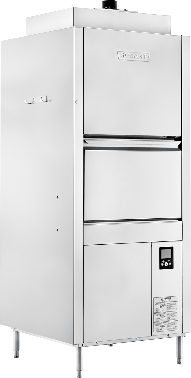A large, industrial stainless steel Hobart dishwasher features two front-loading doors, smart touchscreen controls with digital display at the bottom right, and a label with instructions. The ventless pot/pan washer stands on four legs with a modern, sleek design.