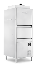 A commercial stainless steel Hobart dishwasher stands on four legs. It features a boxy design, high temperature sanitizing, a large front door with handle, and smart touchscreen controls on the bottom right. The reflective surface suits industrial kitchens perfectly.