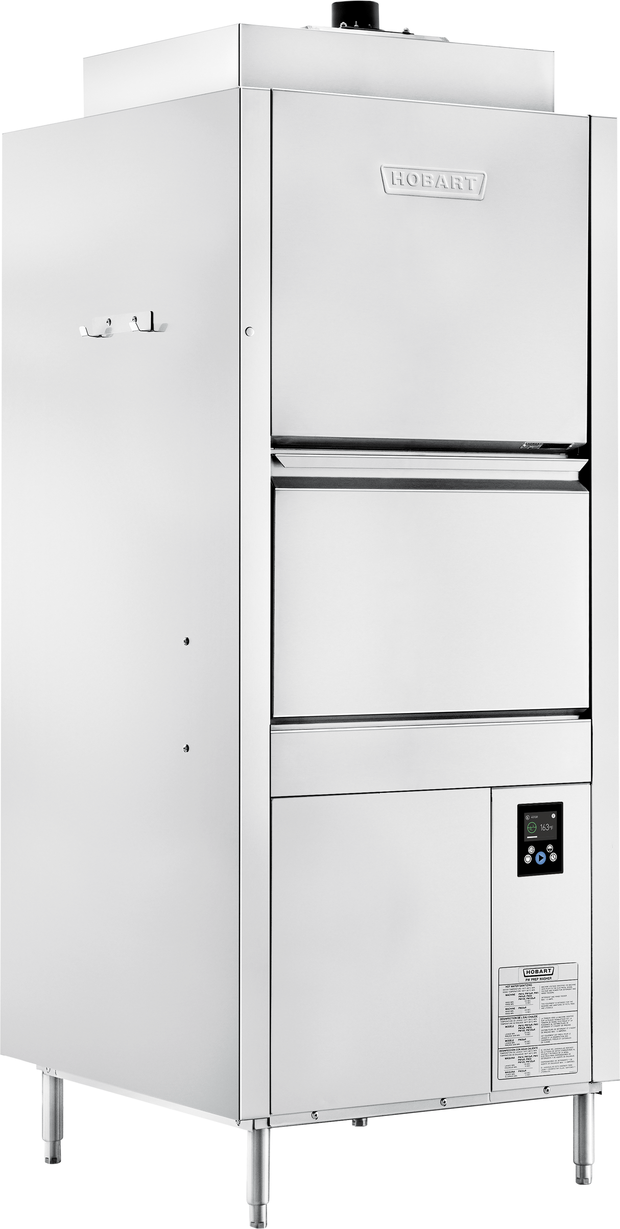 A large, stainless steel Hobart commercial dishwasher features high temperature sanitizing, two front loading doors, smart touchscreen controls at the bottom right, a vent on top, and four metal legs, photographed against a plain white background.
