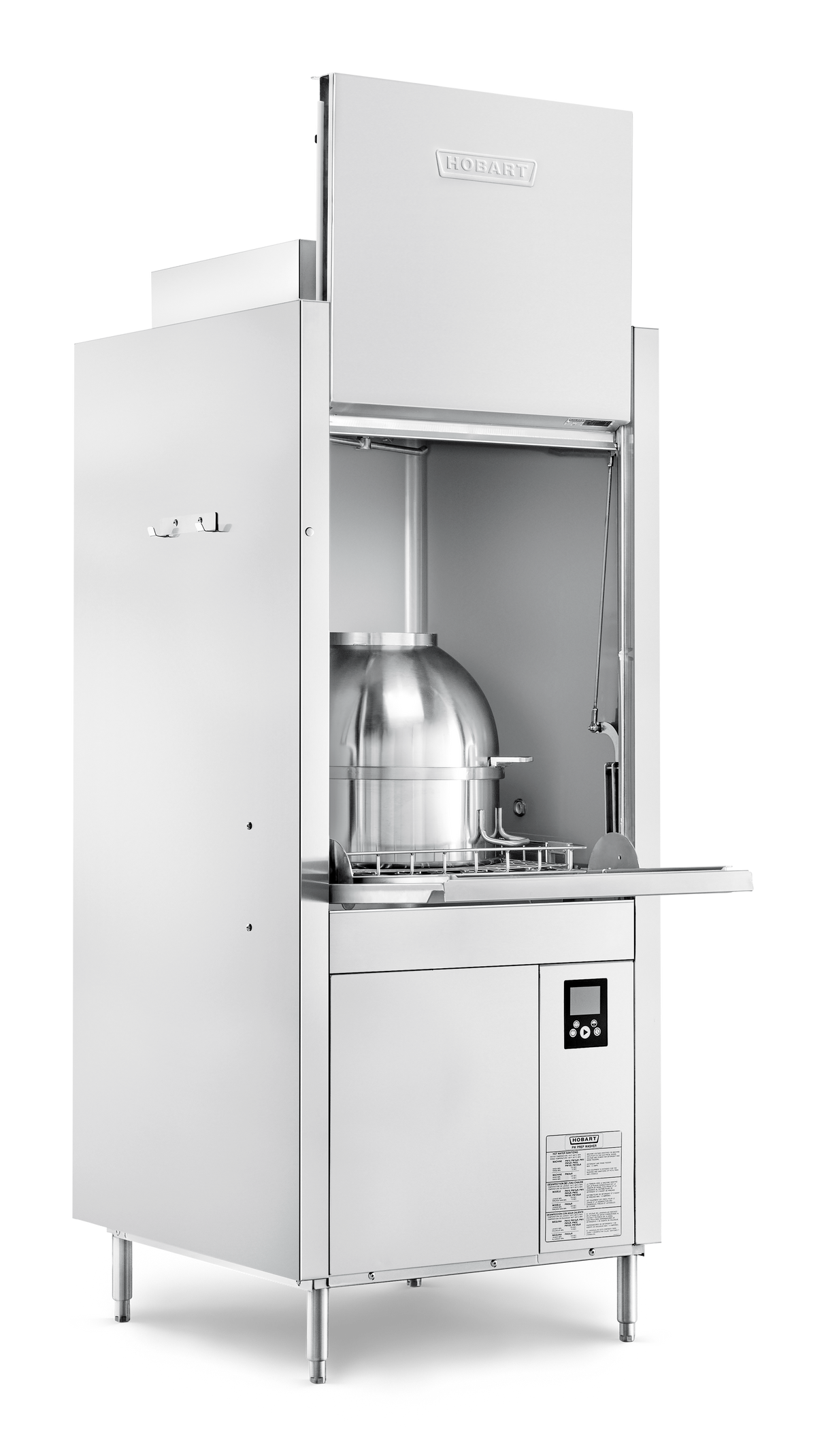 A large, industrial stainless steel Hobart dishwashing machine with an open vertical door reveals a metal rack and spray arms inside. It features high temperature sanitizing and a digital control panel on the front bottom right, with sturdy legs for support.