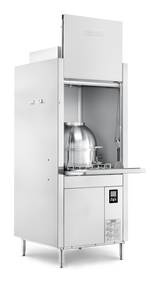 A large, industrial stainless steel Hobart dishwashing machine with an open vertical door reveals a metal rack and spray arms inside. It features high temperature sanitizing and a digital control panel on the front bottom right, with sturdy legs for support.