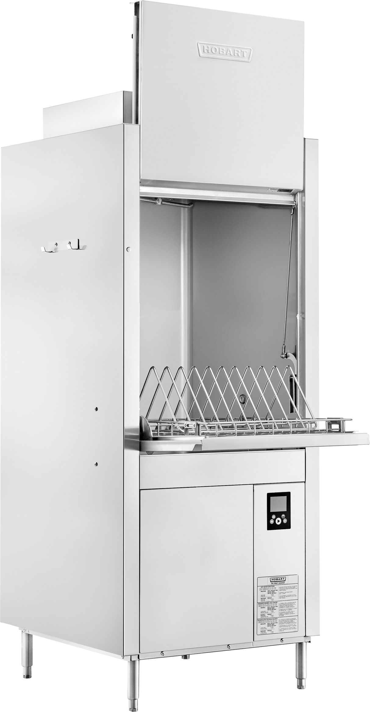 A commercial stainless steel dishwasher with an open front-loading door, interior racks for dishes, high temperature sanitizing feature, control panel with digital display, and brand name “Hobart” on top. The machine stands on four legs against a plain background.