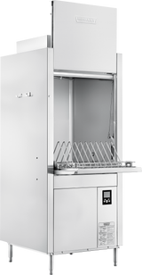 A commercial stainless steel dishwasher with an open front-loading door, interior racks for dishes, high temperature sanitizing feature, control panel with digital display, and brand name “Hobart” on top. The machine stands on four legs against a plain background.