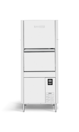 A commercial stainless steel dishwasher with a boxy design, digital control panel, and display on the lower right. ENERGY STAR rated, this pot/pan/utensil washer features a door handle and Hobart logo at the top center, standing on four metal legs.