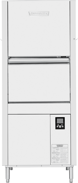 Front view of a commercial Hobart pot/pan/utensil washer with a stainless steel exterior, ENERGY STAR rating, pull-down door, digital control panel on the lower right, manufacturer labels at the bottom, and sturdy metal legs.