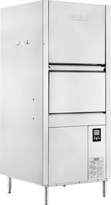 A stainless steel Hobart commercial pot pan washer stands upright with front-loading doors, a digital control panel, instruction label, and four metal legs. The unit has a sleek, industrial design suitable for professional kitchen use.