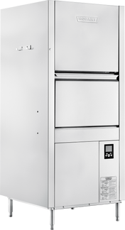 A stainless steel Hobart commercial pot pan washer stands upright with front-loading doors, a digital control panel, instruction label, and four metal legs. The unit has a sleek, industrial design suitable for professional kitchen use.