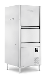 A large, industrial stainless steel pot pan washer stands on four legs. It features a front-loading door, smart touchscreen controls with a display at the lower right, and a small label with technical information below the panel. The background is plain white.