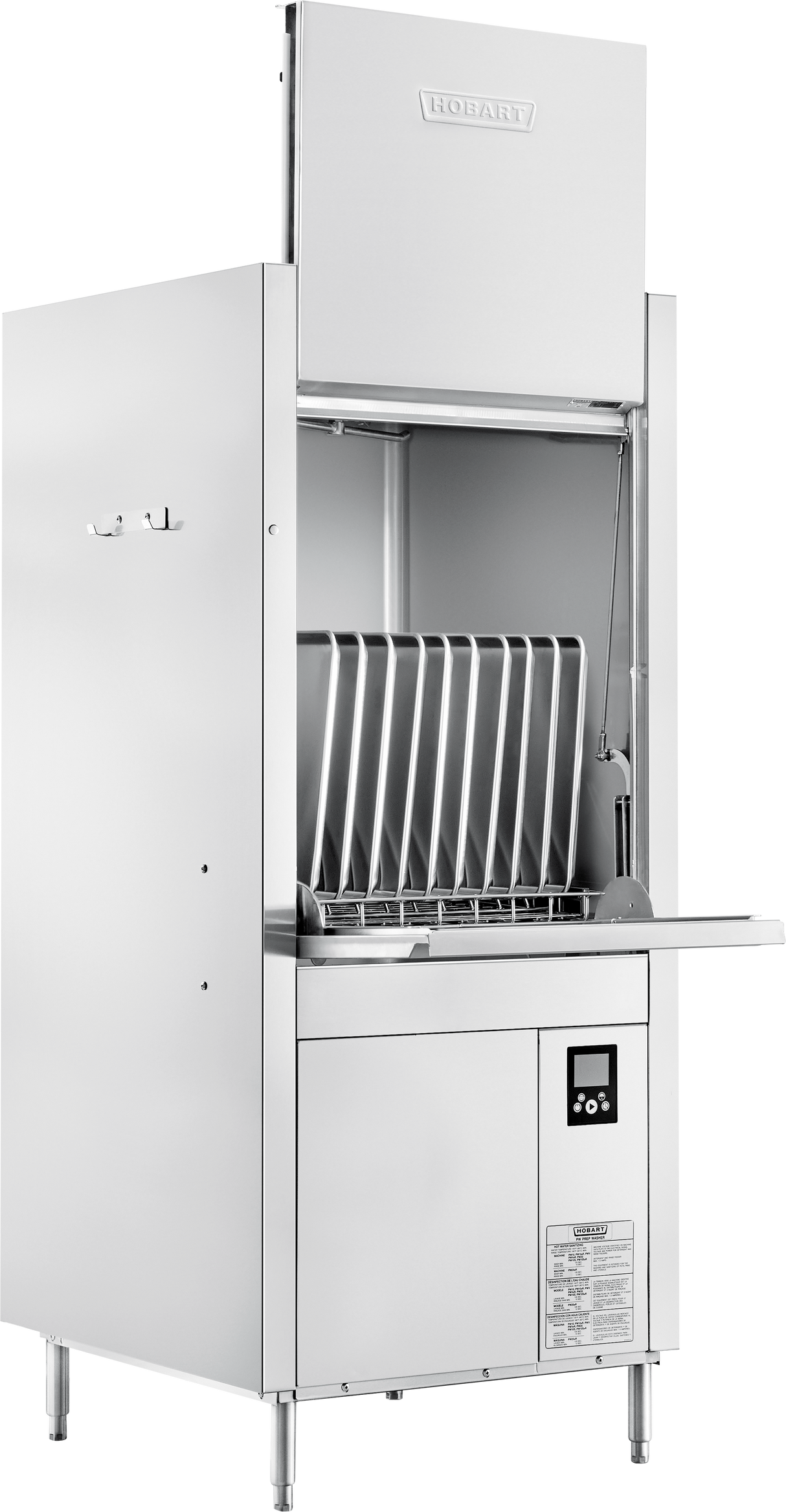 A commercial Hobart front loading dishwasher stands open. The stainless steel machine features a tall, rectangular design with a pull-down door, metal dish racks inside, and smart touchscreen controls with buttons and an information label on the front.