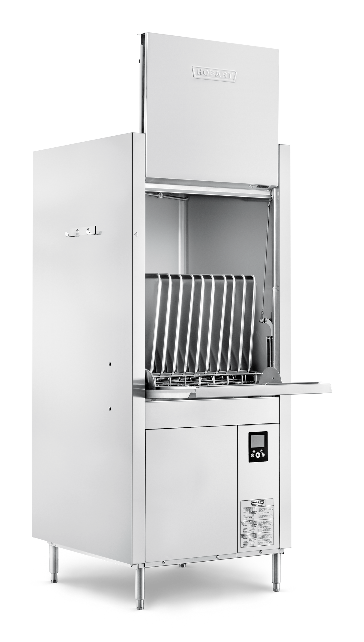 A front loading stainless steel commercial dishwasher stands on four legs. Its top door is open, revealing vertical racks for trays or large dishes. The lower front panel features a small digital control panel and an information label. Ideal for high temperature sanitizing.