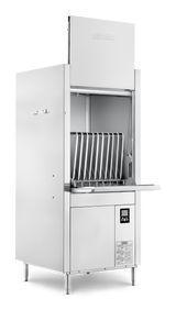 A front loading stainless steel commercial dishwasher stands on four legs. Its top door is open, revealing vertical racks for trays or large dishes. The lower front panel features a small digital control panel and an information label. Ideal for high temperature sanitizing.