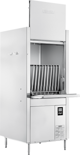 A commercial stainless steel Hobart front loading dishwashing machine with an open door, featuring vertical rack slots for pot/pan/utensil washing and a digital control panel. The high temperature sanitizing unit stands on four legs, ideal for industrial kitchens.