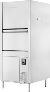 A large industrial stainless steel front loading dishwashing machine with the brand name “Hobart” on the top panel. It features a handle on the side, smart touchscreen controls below, and small legs supporting its rectangular unit.
