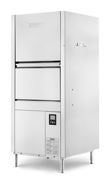 A large, industrial stainless steel pot pan washer stands on four legs. It features a front-loading door, a digital control panel with buttons and display at the lower right, and the Hobart logo at the top. The surface is sleek, modern, and reflective.