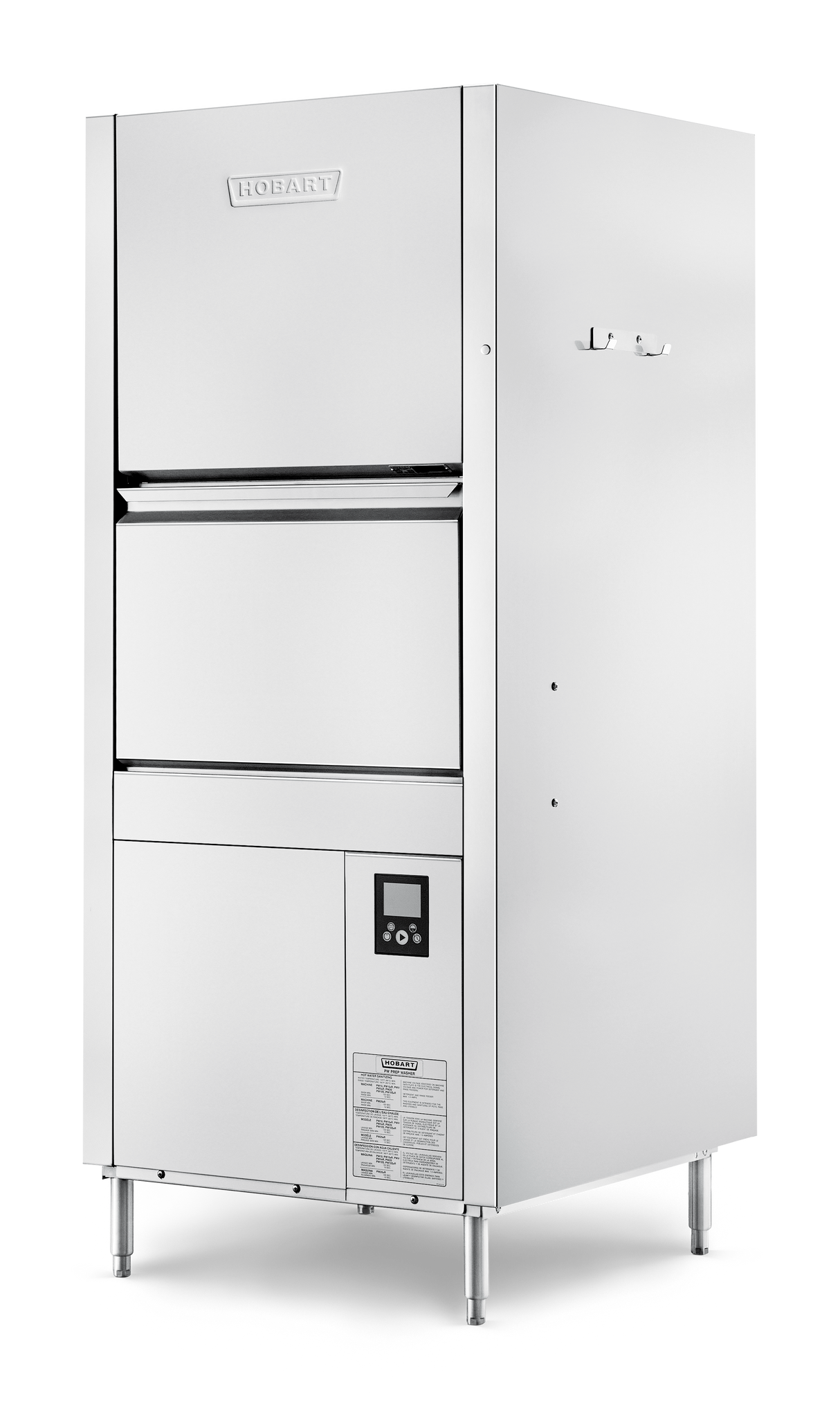 A large commercial stainless steel pot/pan/utensil washer stands on four legs. It features a front-loading double-door design, high temperature sanitizing, a digital control panel, Hobart logo on top, and has a clean, industrial look on white background.