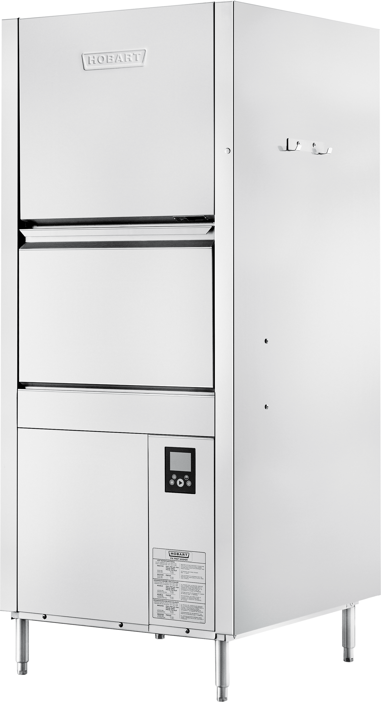 A commercial stainless steel Hobart dishwashing machine with a front-loading door, control panel with display, and information label. This ENERGY STAR pot/pan/utensil washer stands on four adjustable legs and boasts a smooth, industrial design for professional kitchens.