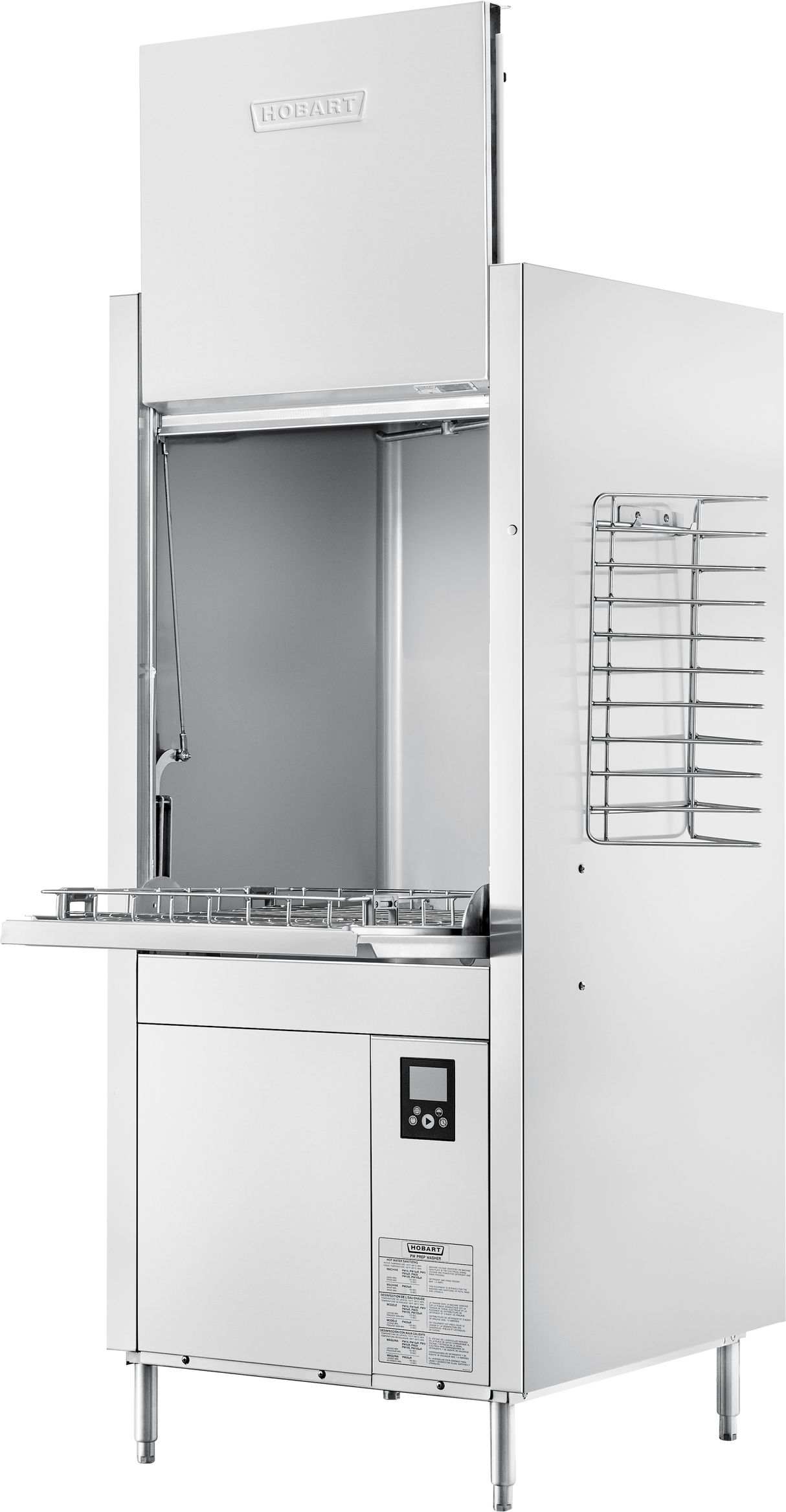A commercial stainless steel front loading dishwasher with a digital control panel, open hood, and side dish rack. The interior shows spray arms and a pot pan washer area. Stands on four legs with the Hobart brand logo on top.