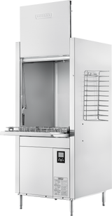 A commercial stainless steel front loading dishwasher with a digital control panel, open hood, and side dish rack. The interior shows spray arms and a pot pan washer area. Stands on four legs with the Hobart brand logo on top.